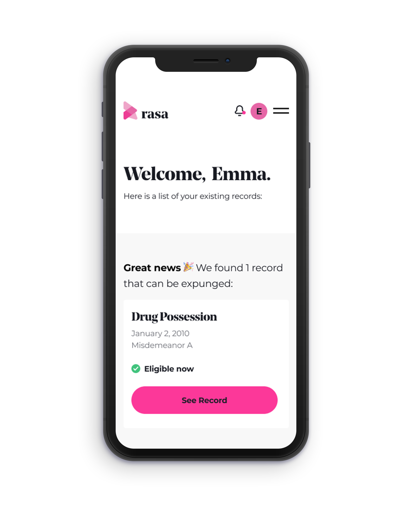Rasa's record clearance eligibility tool on a phone showing results of screening