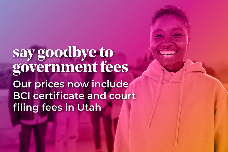 Attractive young african american woman smiling at the viewer. Text reads: Say Goodbye to Government Fees Our prices now include BCI certificate and court filing fees in Utah