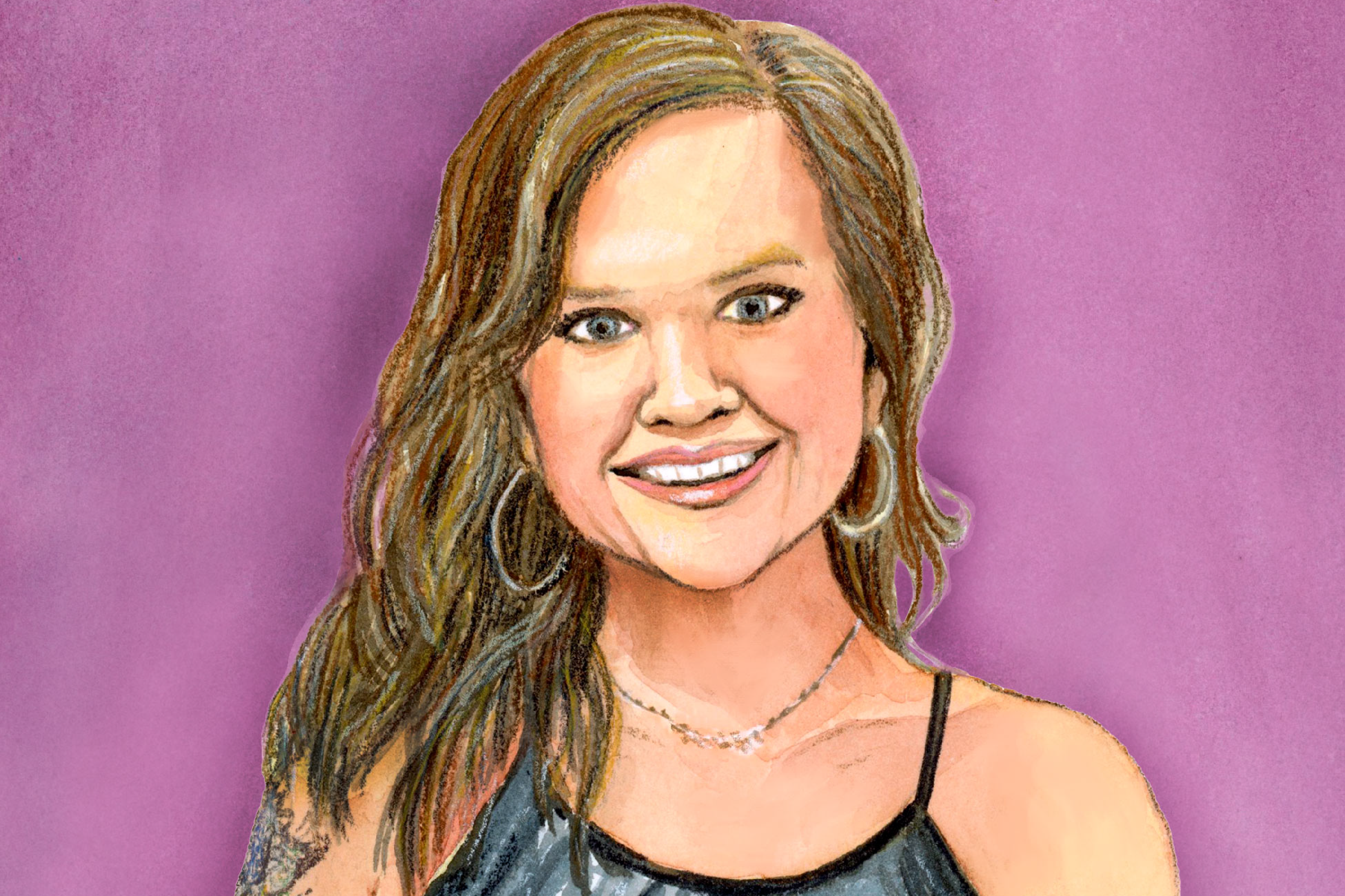 Illustrated portrait of a woman with long, wavy brown hair, wearing hoop earrings and a black sleeveless top. She is smiling, and the background is a gradient of purple shades.