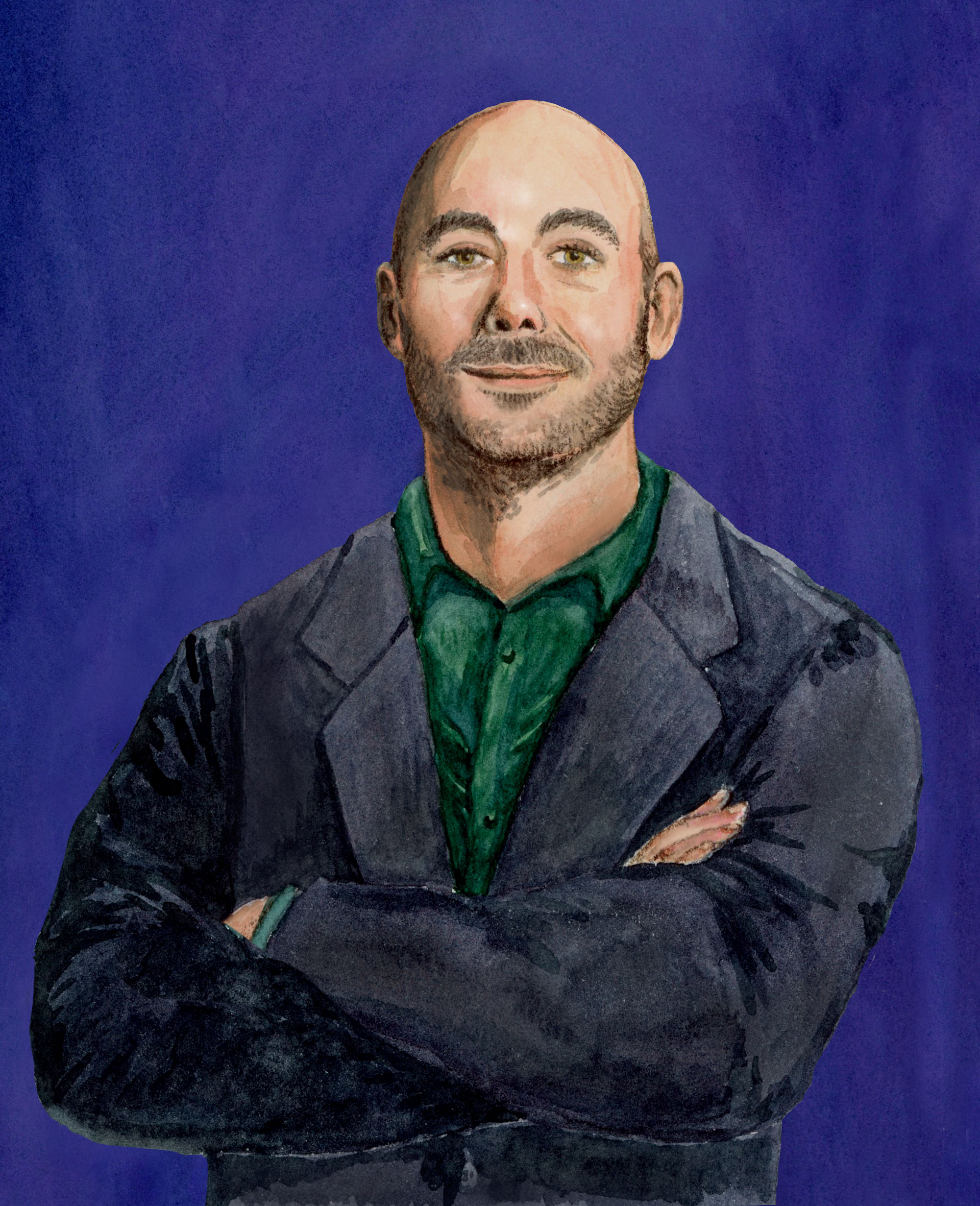 A digital painting of a bald man with light skin and a short beard, wearing a green shirt and dark blazer. He has a confident expression, his arms crossed, and is standing against a solid purple background.