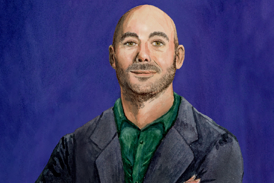 A painting of a man in a green shirt and black blazer standing with arms crossed against a purple background.