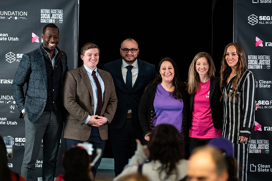 Press Conference Speakers from Left to Right: James Cadogan, Executive Director, NBA Social Justice Coalition, Utah State Rep. Tyler Clancy (R - District 60), Izzy Carranza, Attorney and Former Rasa Client, Destiny Garcia, Executive Director, Clean Slate Utah, Noella Sudbury, CEO & Founder, Rasa Legal, Ashley Smith, Smith Entertainment Group