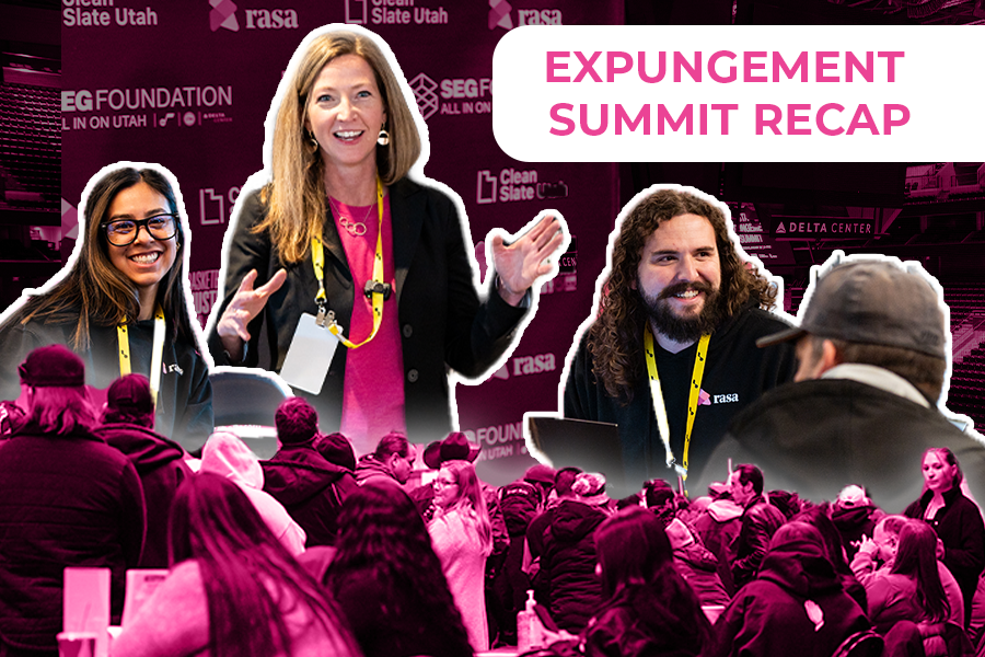 A vibrant collage showcasing smiling participants, a presenter, and engaged attendees at the Expungement Summit, with bold text reading 'Expungement Summit Recap.