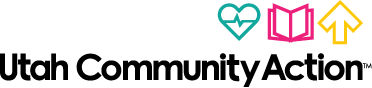 Logo of Utah Community Action with three icons above: a teal heart with a brain inside, a pink open book, and a yellow upward-pointing arrow within a house outline.