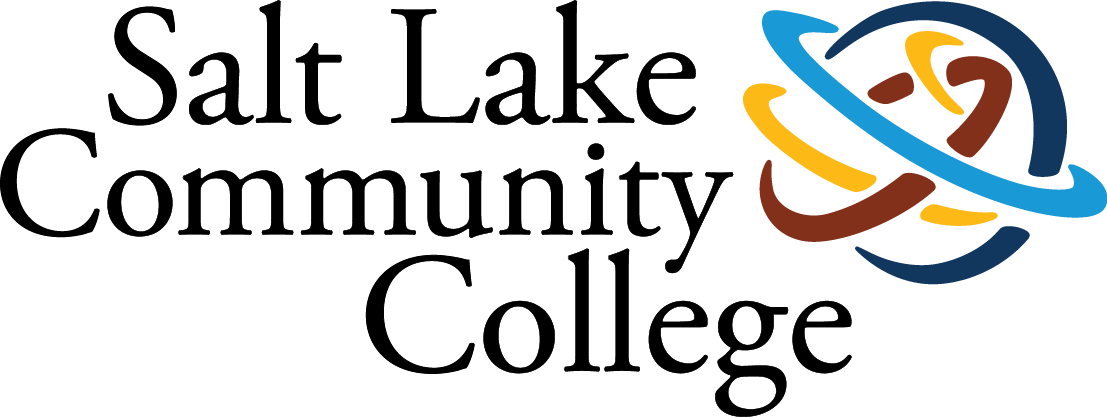 An abstract Salt Lake Community College logo consisting of four intertwined, curving bands in shades of blue, gold, and brown, forming a spherical shape.