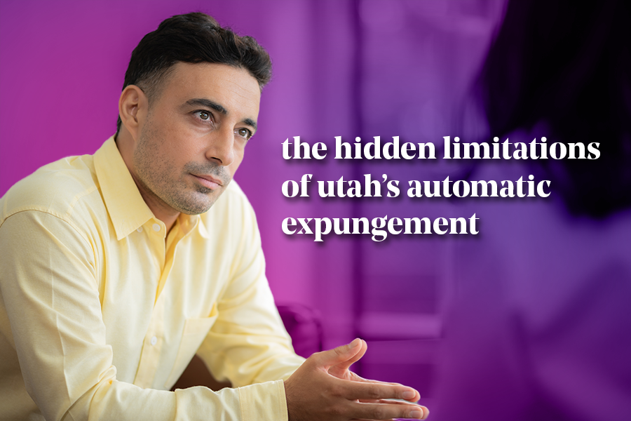 Man in a yellow shirt looking thoughtful with the text “The hidden limitations of Utah’s automatic expungement” over a purple background.